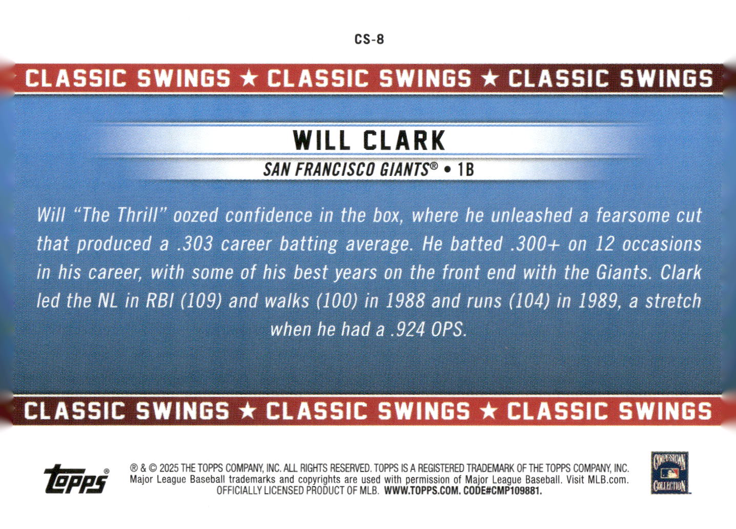 2025 Topps All-Star Game #CS-8 Will Clark Classic Swings