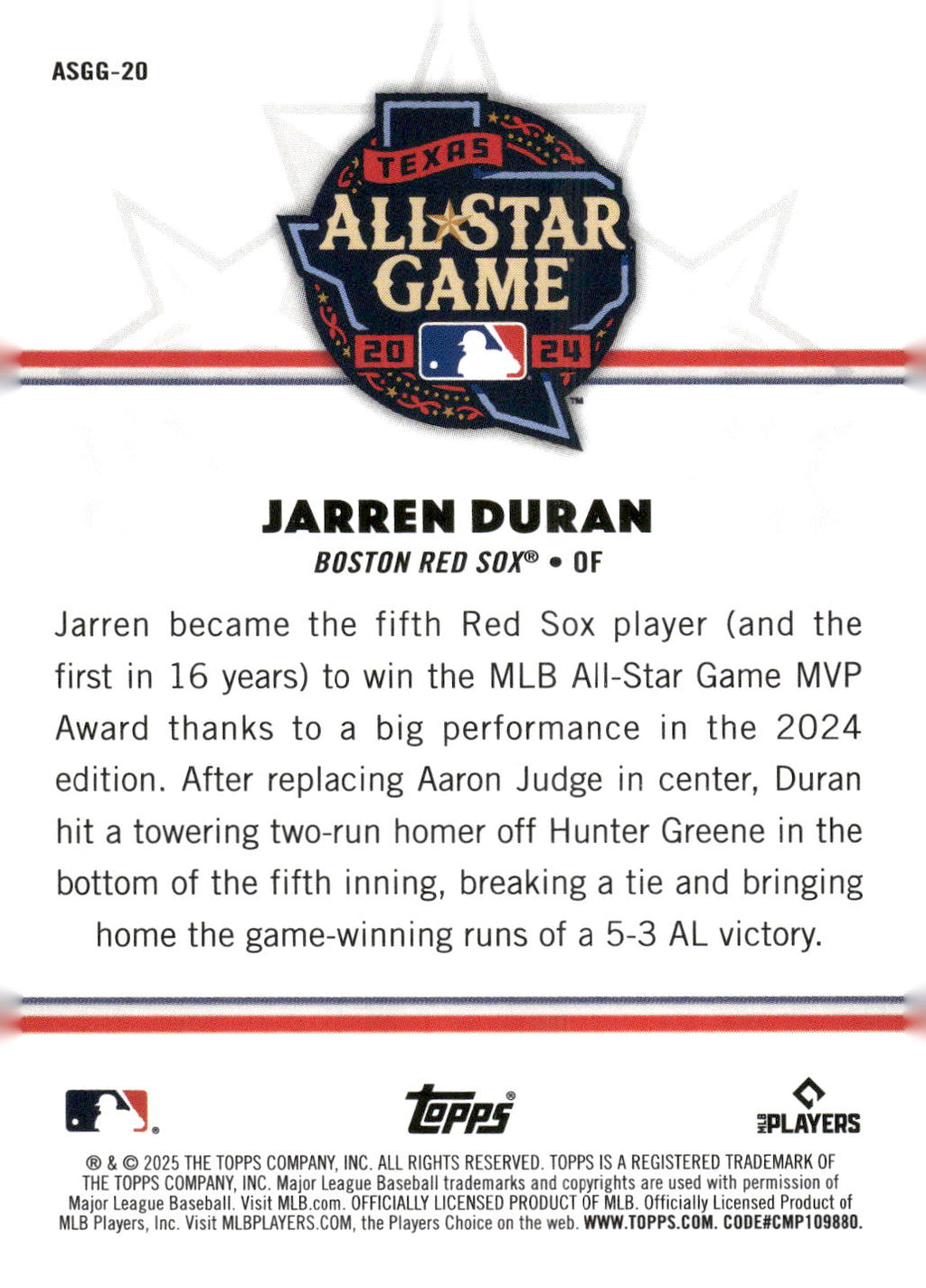 2025 Topps All-Star Game #ASGG-20 Jarren Duran All-Star Game Greats