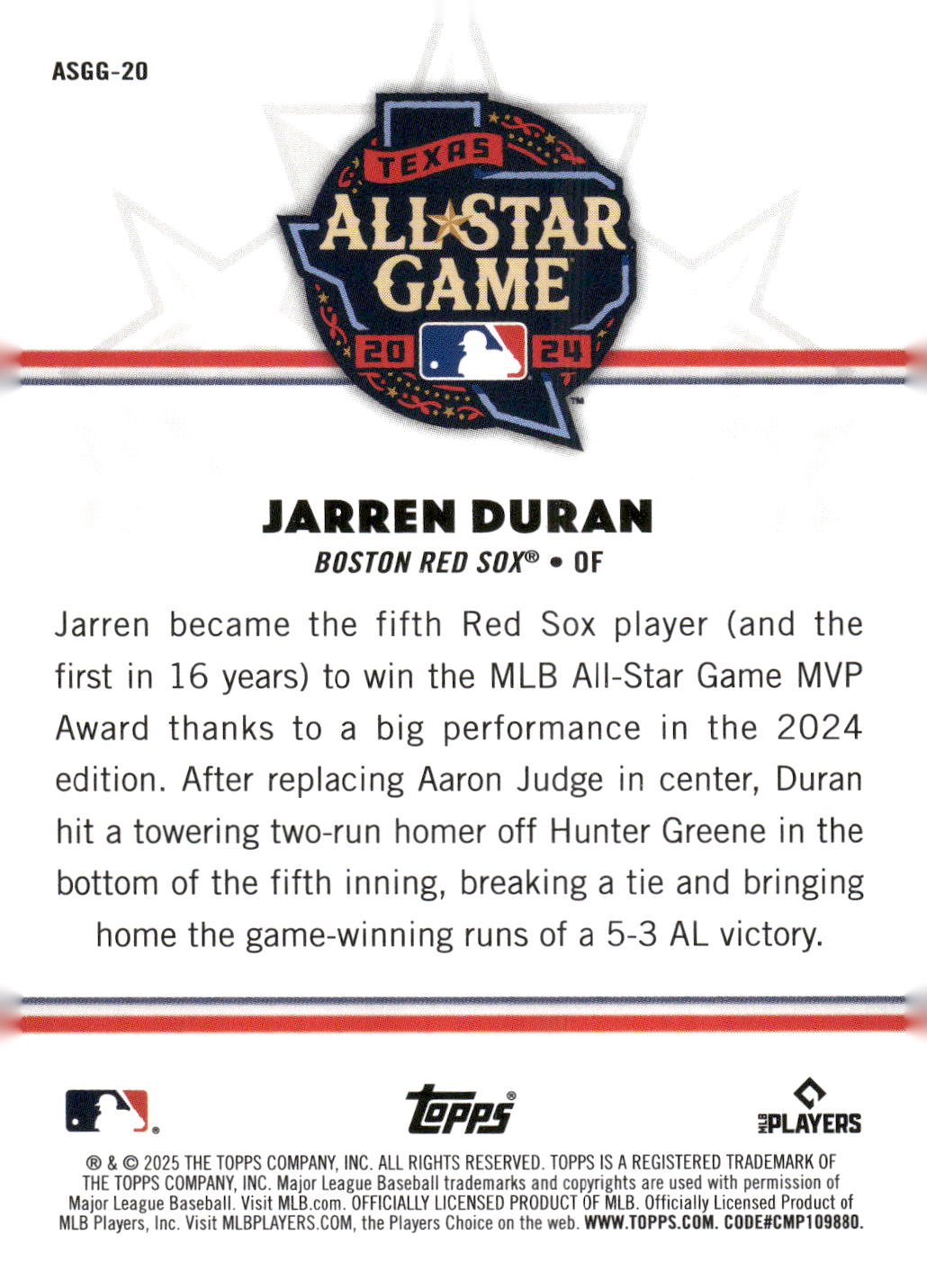 2025 Topps All-Star Game #ASGG-20 Jarren Duran All-Star Game Greats