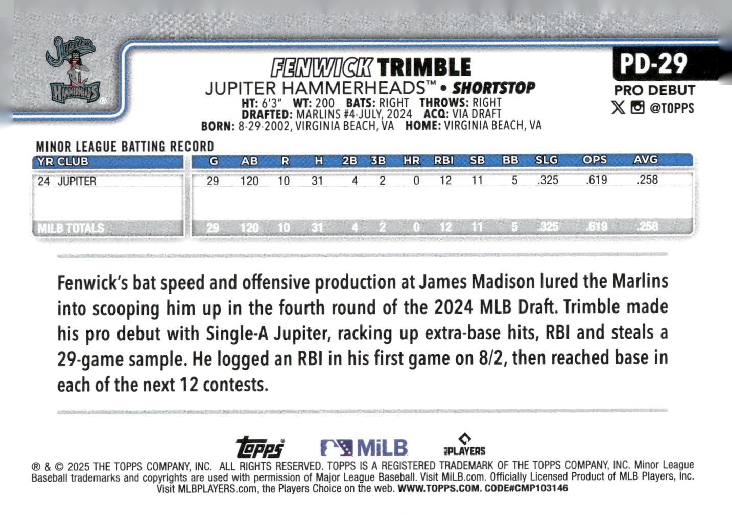 2025 Topps Pro Debut #PD-29 Fenwick Trimble