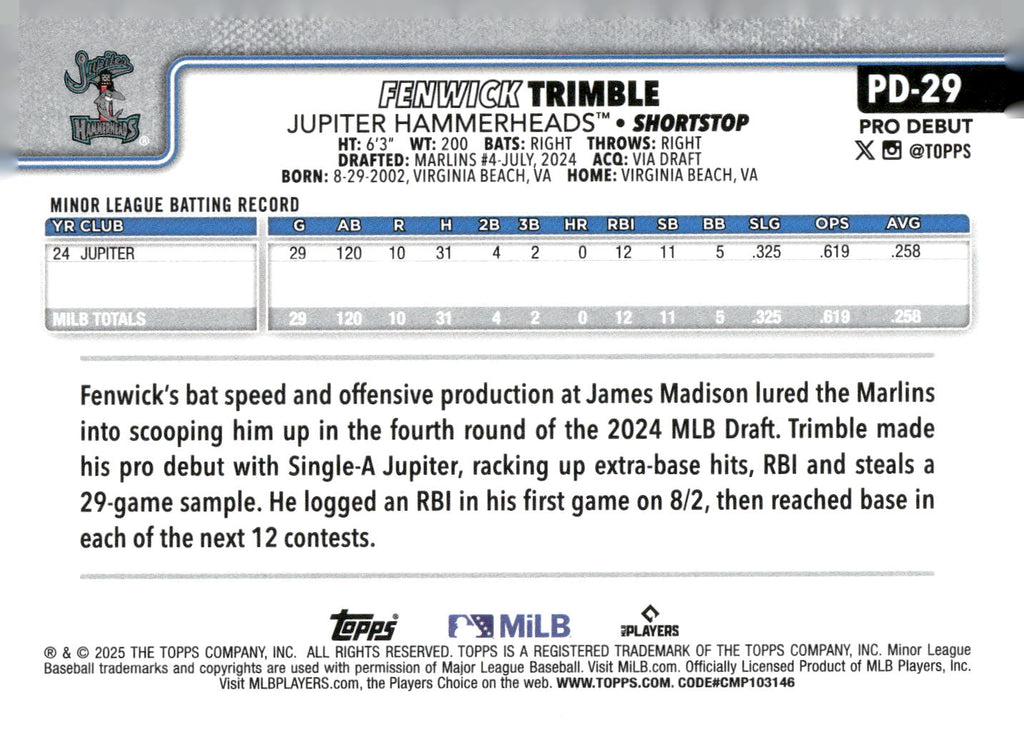 2025 Topps Pro Debut #PD-29 Fenwick Trimble