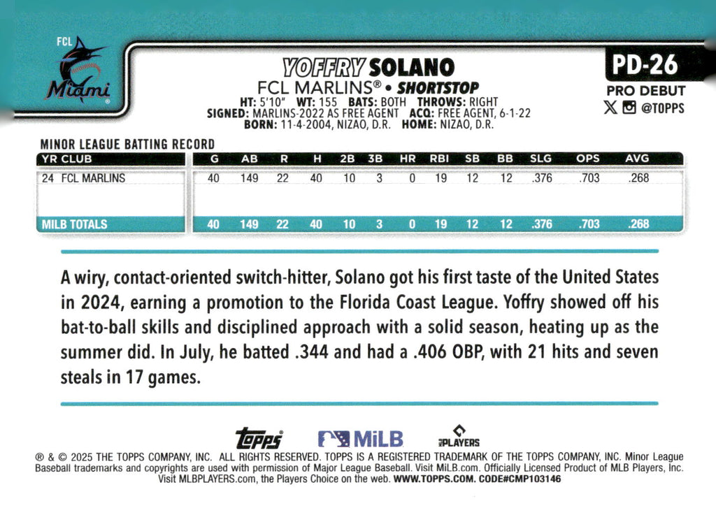 2025 Topps Pro Debut #PD-26 Yoffry Solano