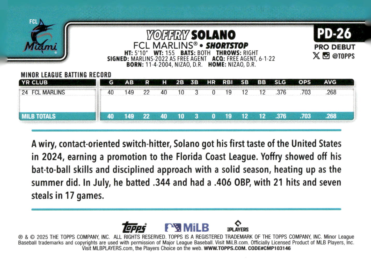 2025 Topps Pro Debut #PD-26 Yoffry Solano