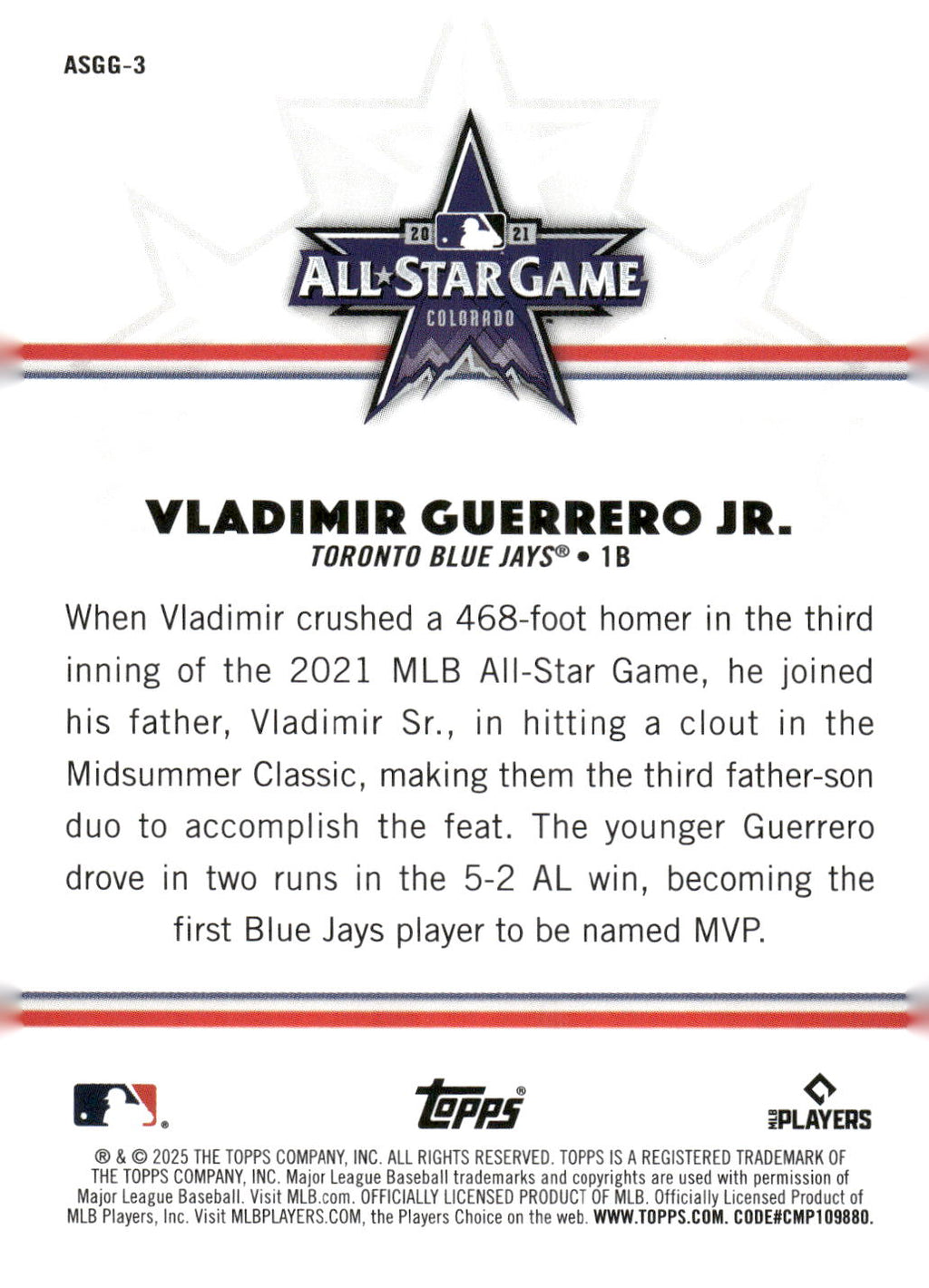 2025 Topps All-Star Game #ASGG-3 Vladimir Guerrero Jr. All-Star Game Greats