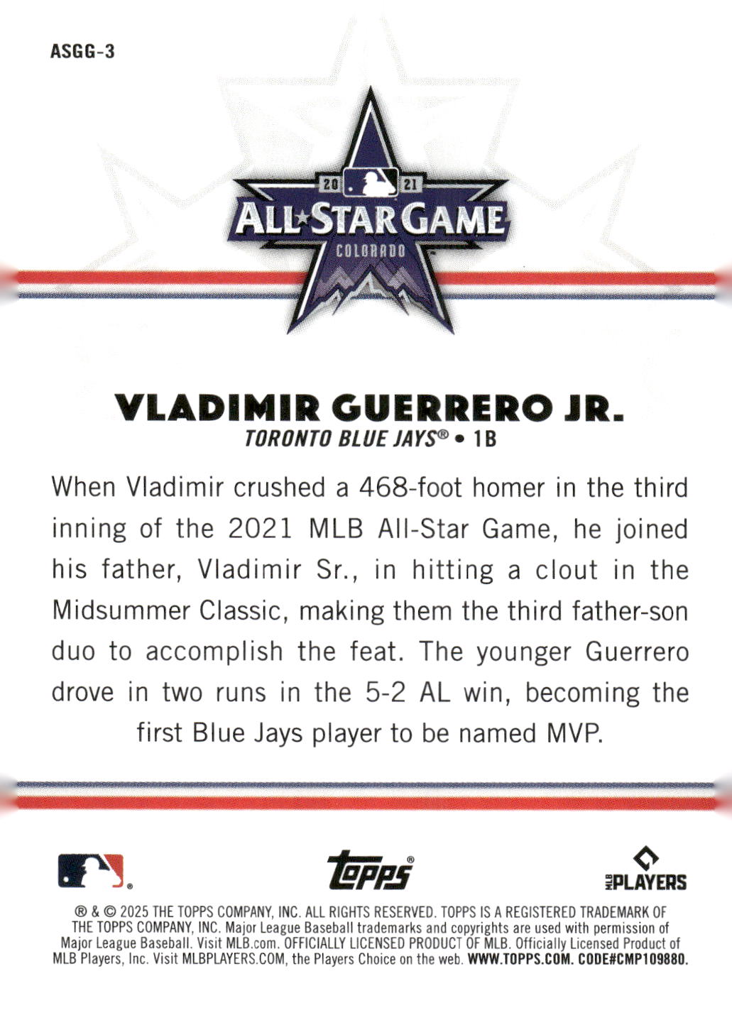 2025 Topps All-Star Game #ASGG-3 Vladimir Guerrero Jr. All-Star Game Greats