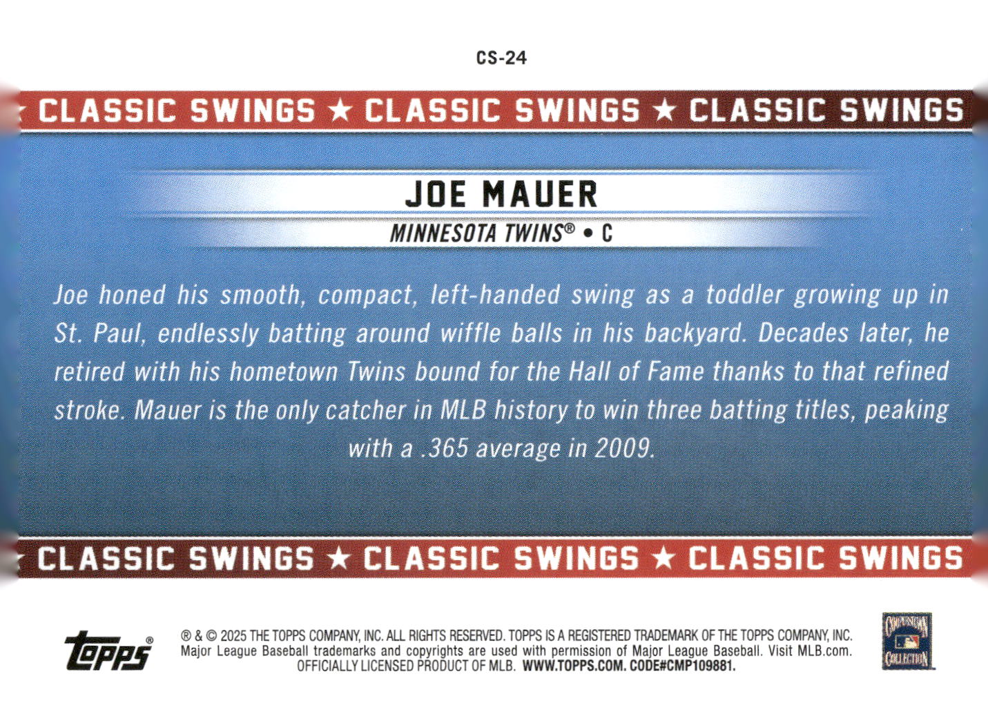 2025 Topps All-Star Game #CS-24 Joe Mauer Classic Swings