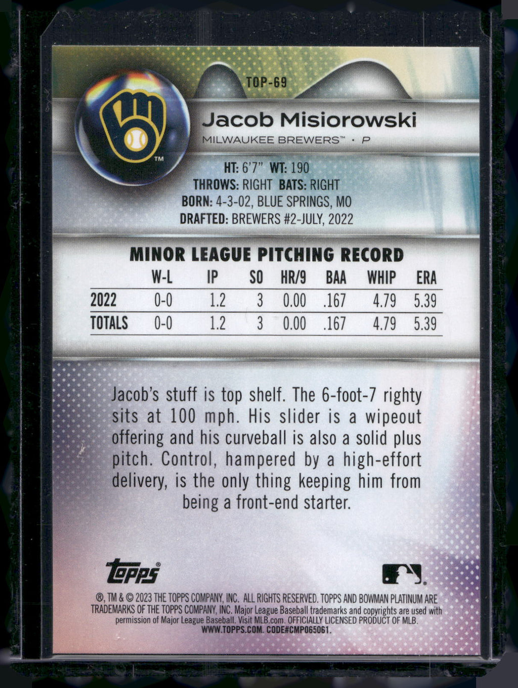 2023 Bowman Platinum #TOP-69 Jacob Misiorowski Top Prospects