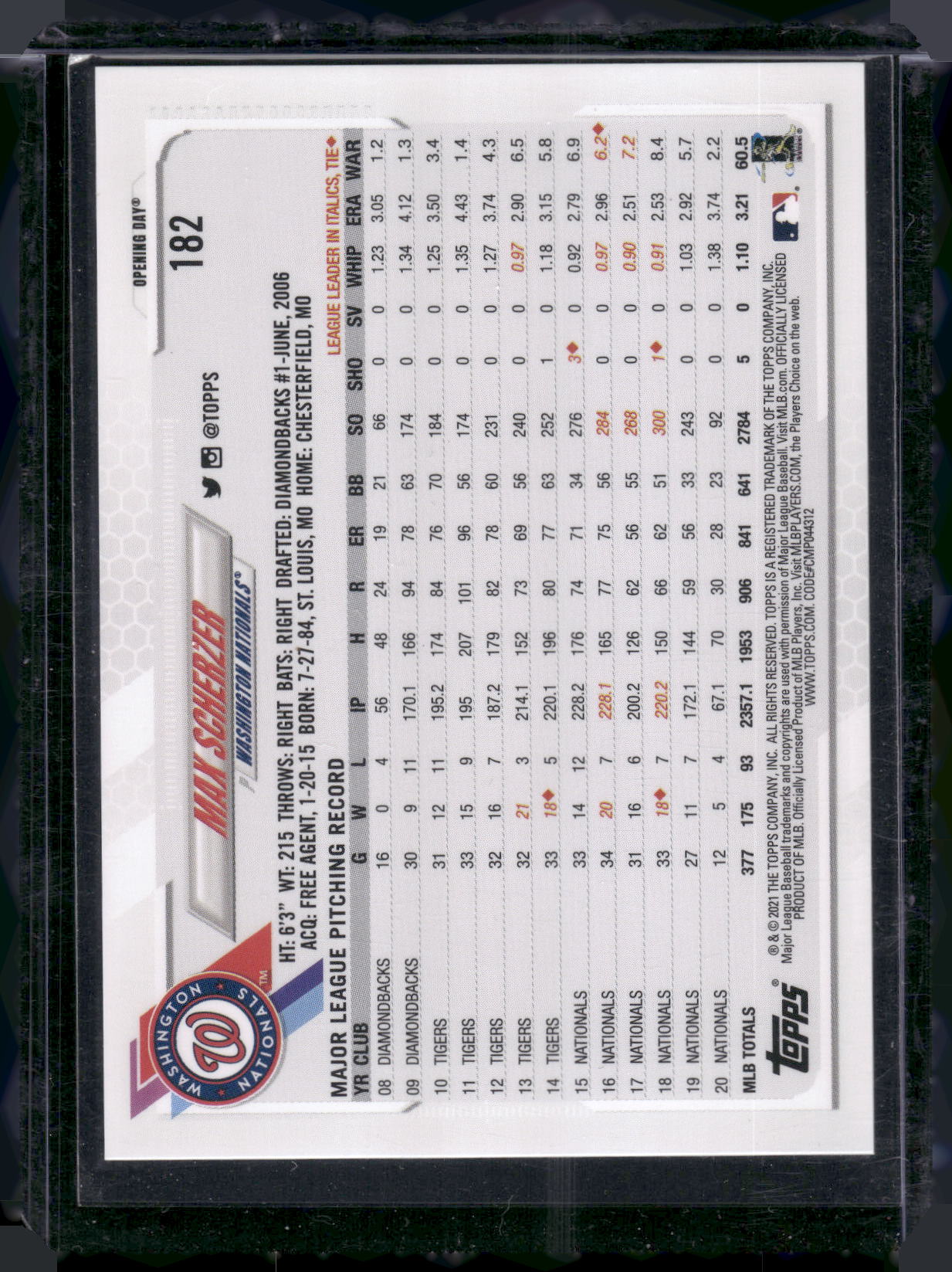 2021 Topps Opening Day #182 Max Scherzer Opening Day Edition