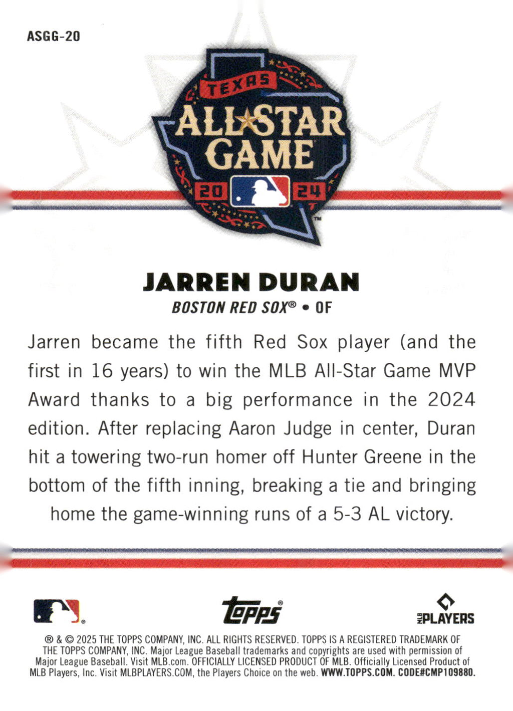 2025 Topps All-Star Game #ASGG-20 Jarren Duran All-Star Game Greats