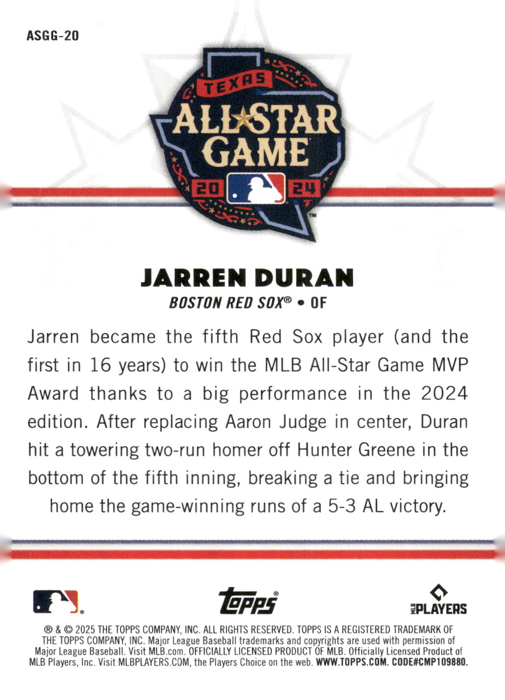 2025 Topps All-Star Game #ASGG-20 Jarren Duran All-Star Game Greats
