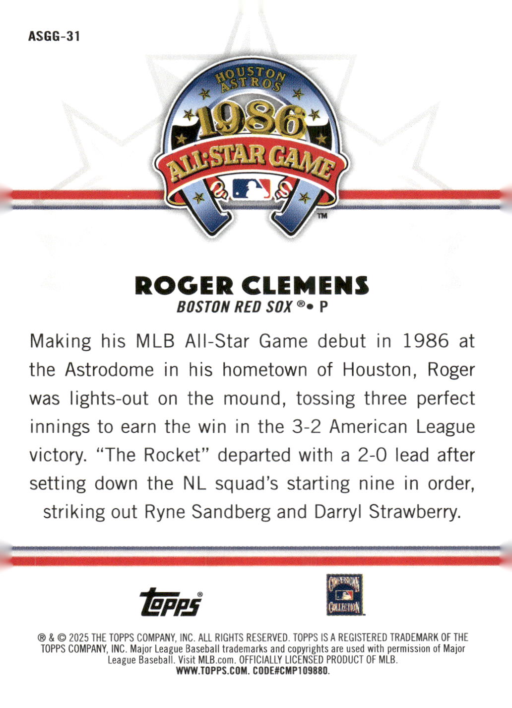2025 Topps All-Star Game #ASGG-31 Roger Clemens All-Star Game Greats