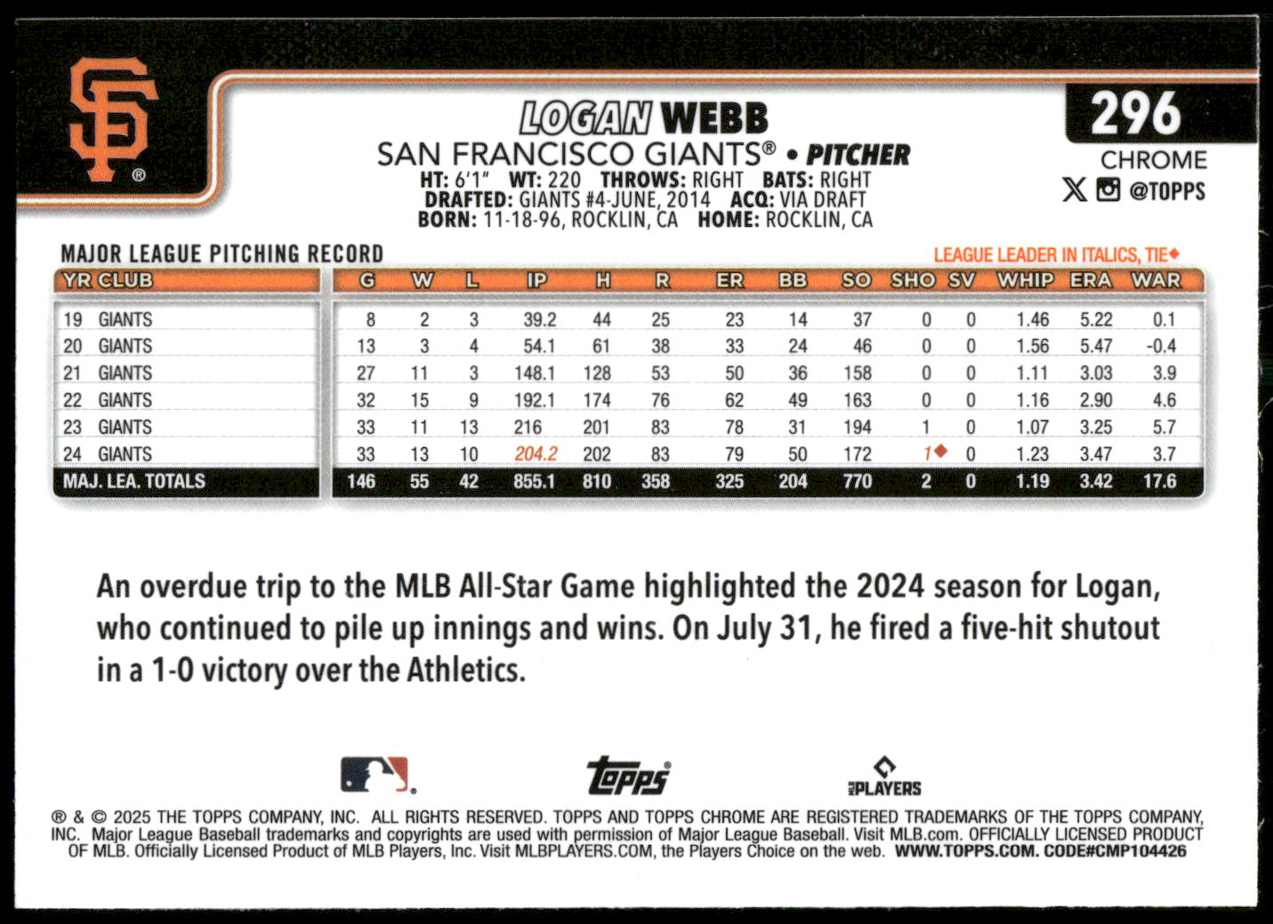 2025 Topps Chrome #296 Logan Webb RayWave Refractors
