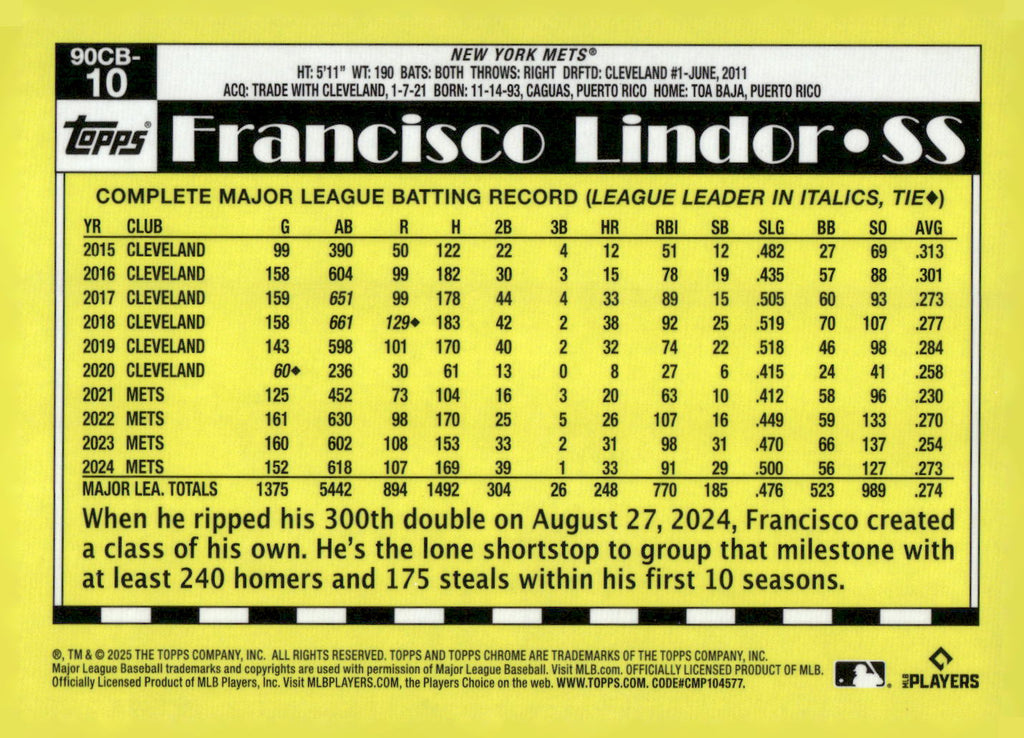 2025 Topps Chrome #90CB-10 Francisco Lindor 1990 Topps Baseball 35th Anniversary