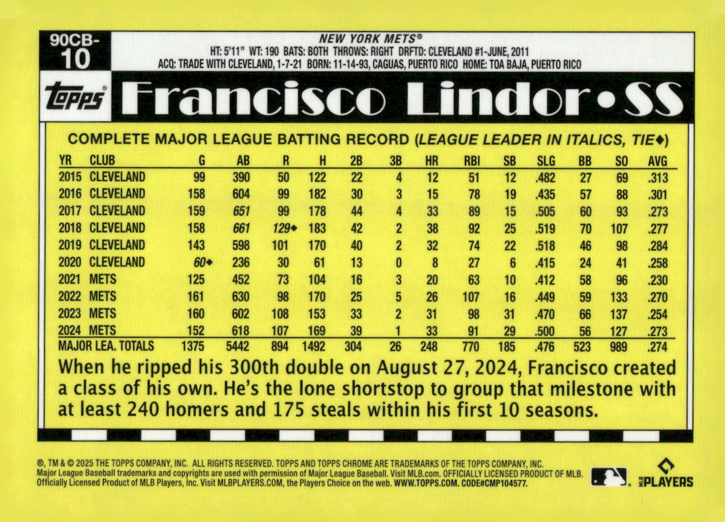 2025 Topps Chrome #90CB-10 Francisco Lindor 1990 Topps Baseball 35th Anniversary