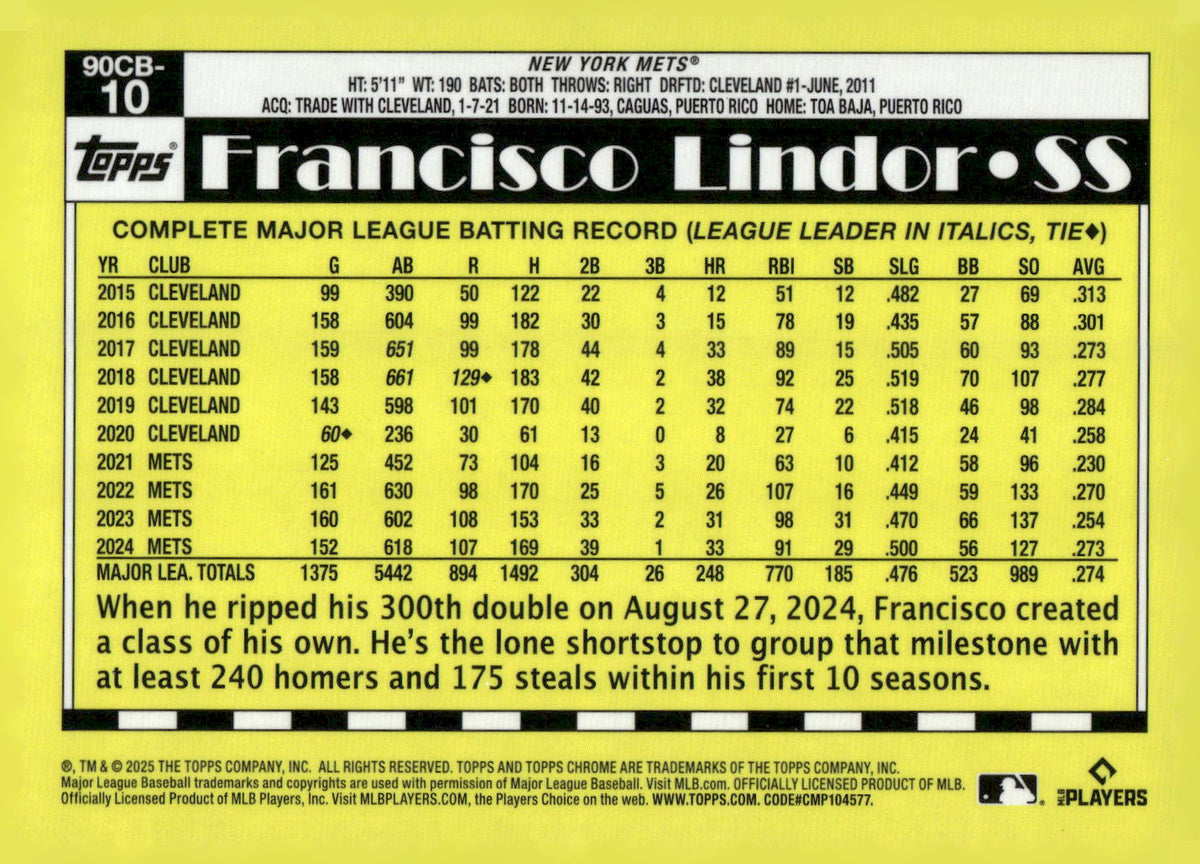 2025 Topps Chrome #90CB-10 Francisco Lindor 1990 Topps Baseball 35th Anniversary