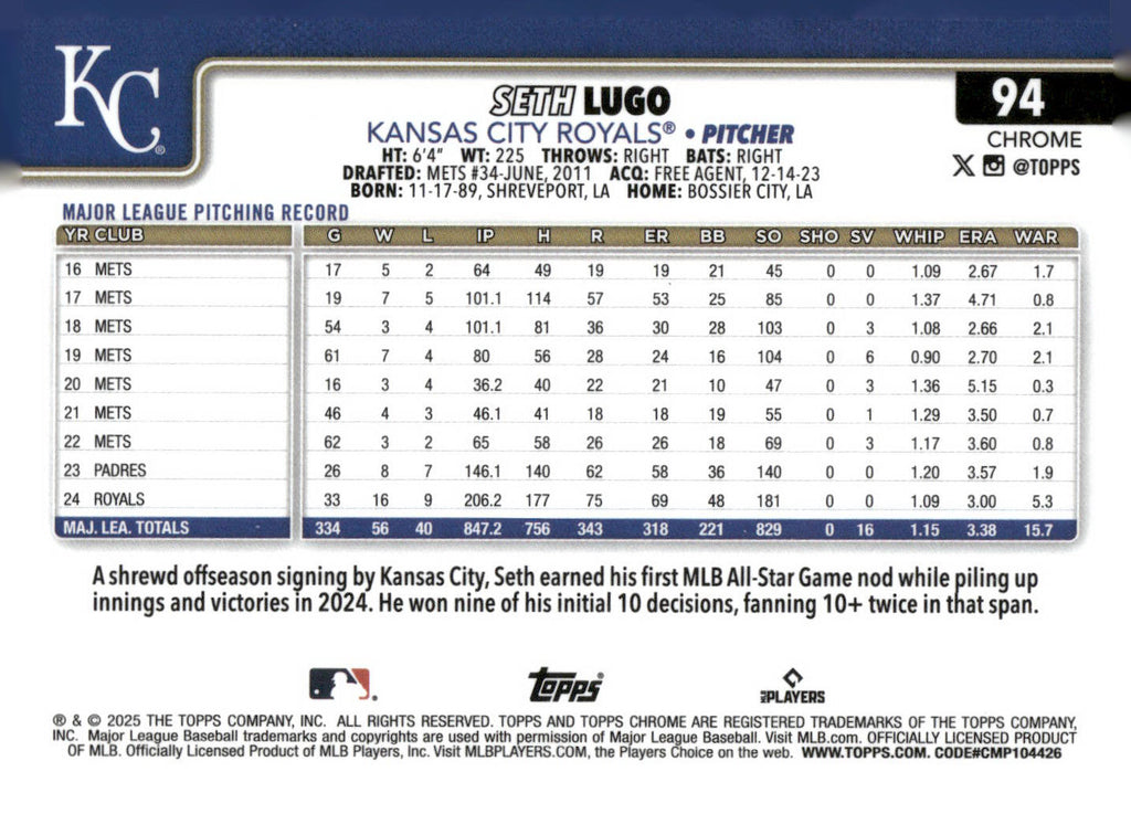 2025 Topps Chrome #94 Seth Lugo RayWave Refractors