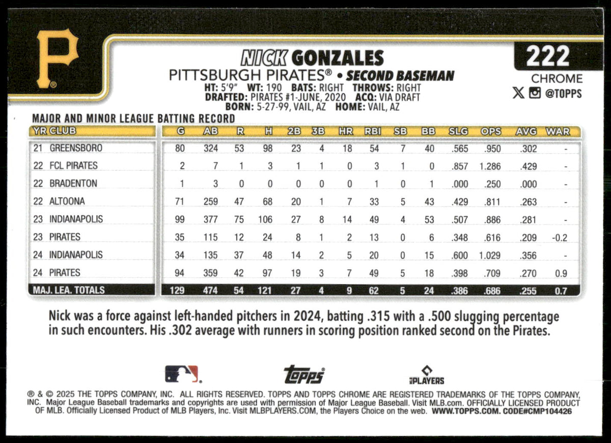 2025 Topps Chrome #222 Nick Gonzales Sepia Refractor