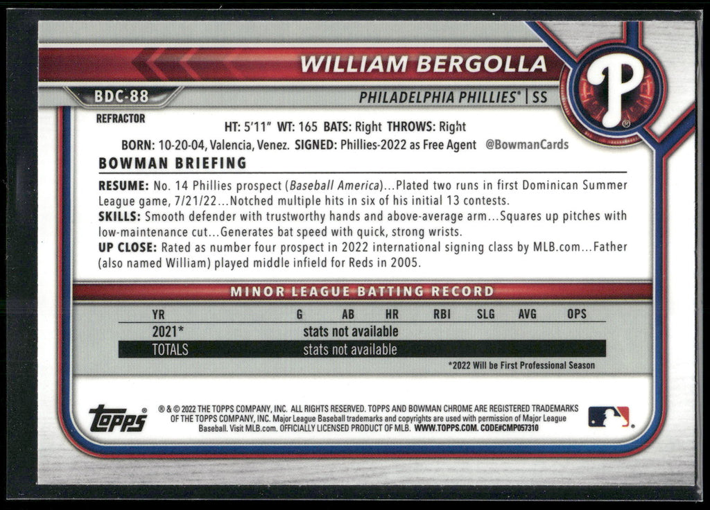 2022 Bowman Draft #BDC-88 William Bergolla Chrome