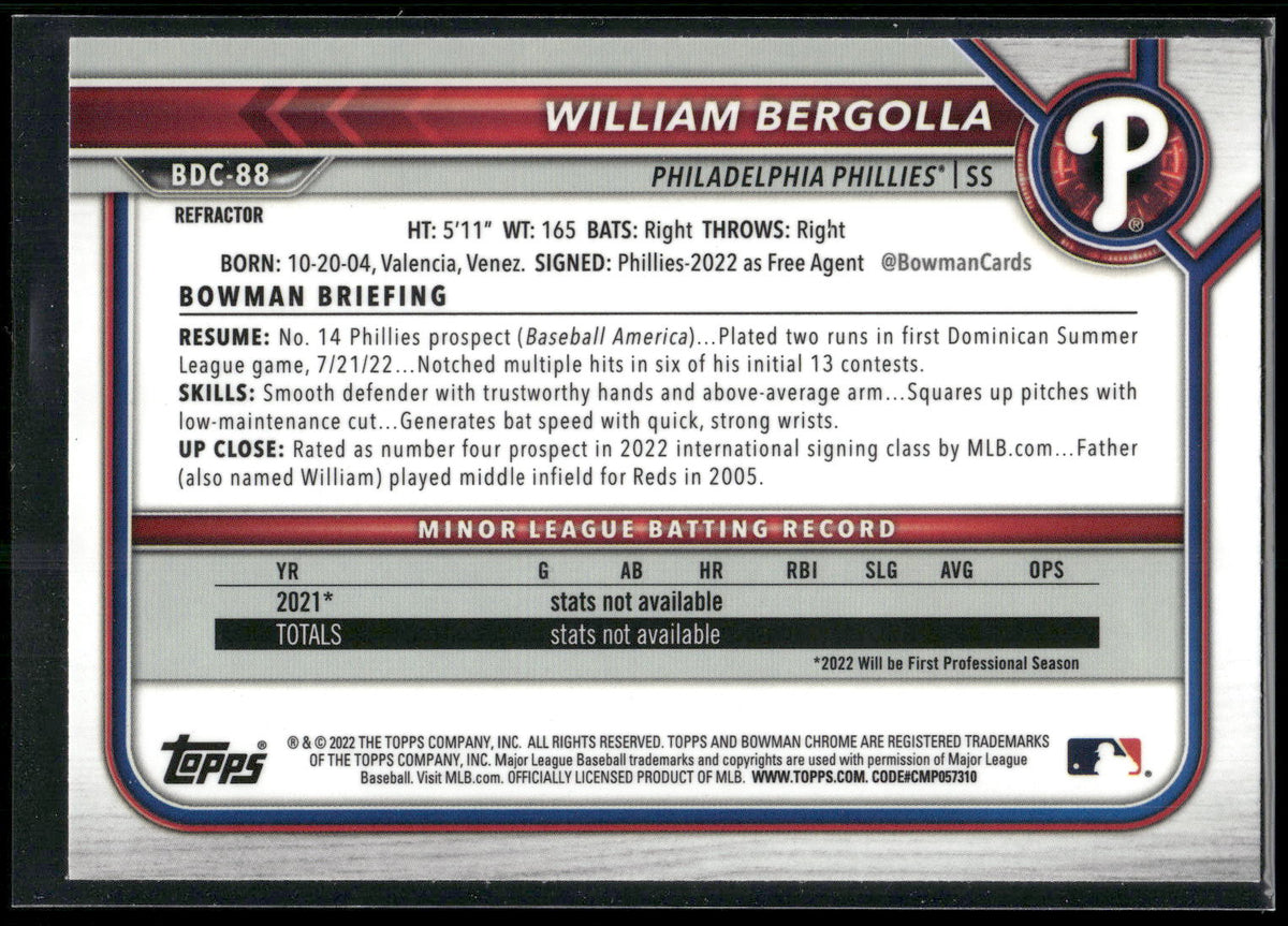 2022 Bowman Draft #BDC-88 William Bergolla Chrome