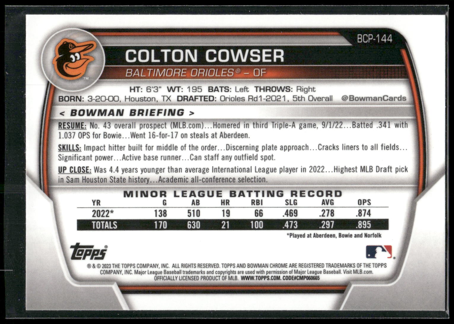 2023 Bowman #BCP-144 Colton Cowser Chrome Prospects