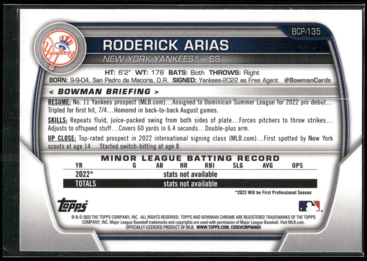 2023 Bowman #BCP-135 Roderick Arias Chrome Prospects