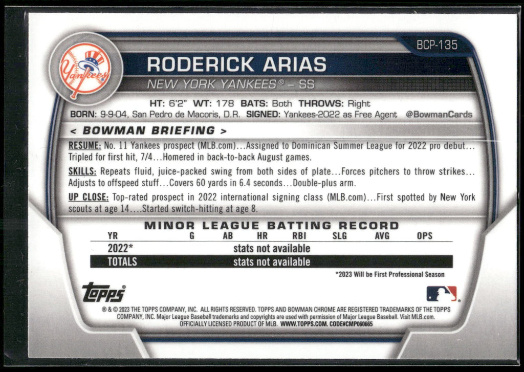 2023 Bowman #BCP-135 Roderick Arias Chrome Prospects