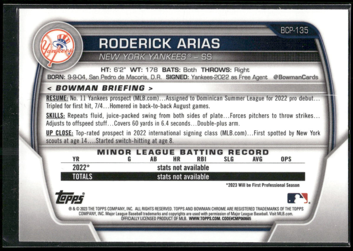 2023 Bowman #BCP-135 Roderick Arias Chrome Prospects