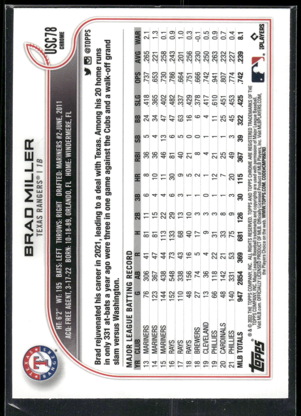 2022 Topps Chrome Update #USC78 Brad Miller Purple Refractor