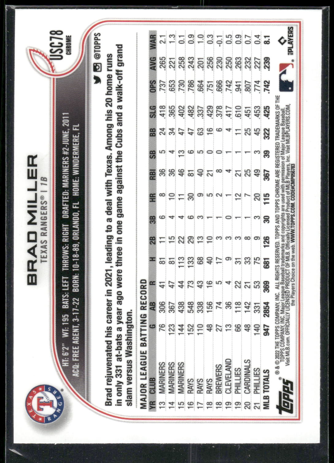 2022 Topps Chrome Update #USC78 Brad Miller Purple Refractor