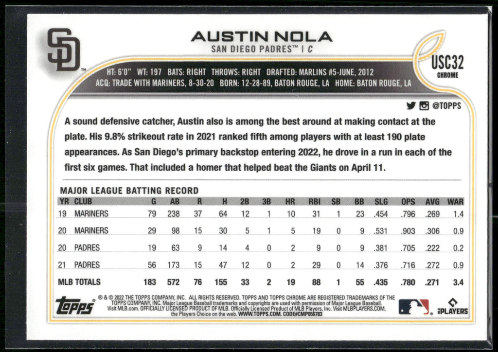 2022 Topps Chrome Update #USC32 Austin Nola Purple Refractor