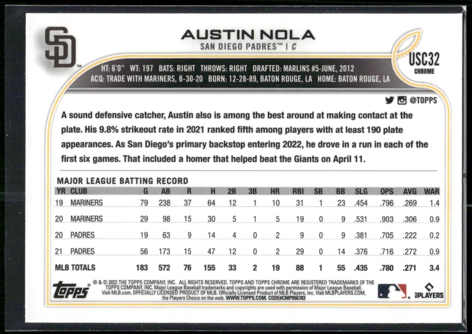 2022 Topps Chrome Update #USC32 Austin Nola Purple Refractor