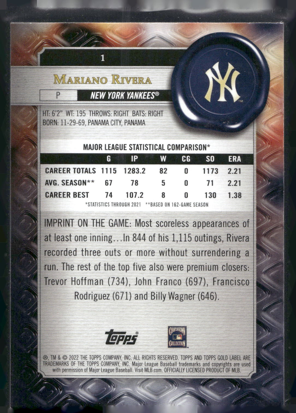 2022 Topps Gold Label #1 Mariano Rivera Class 3