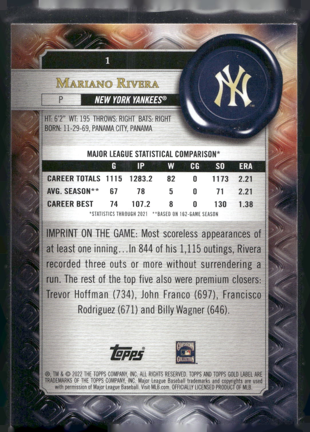 2022 Topps Gold Label #1 Mariano Rivera Class 3