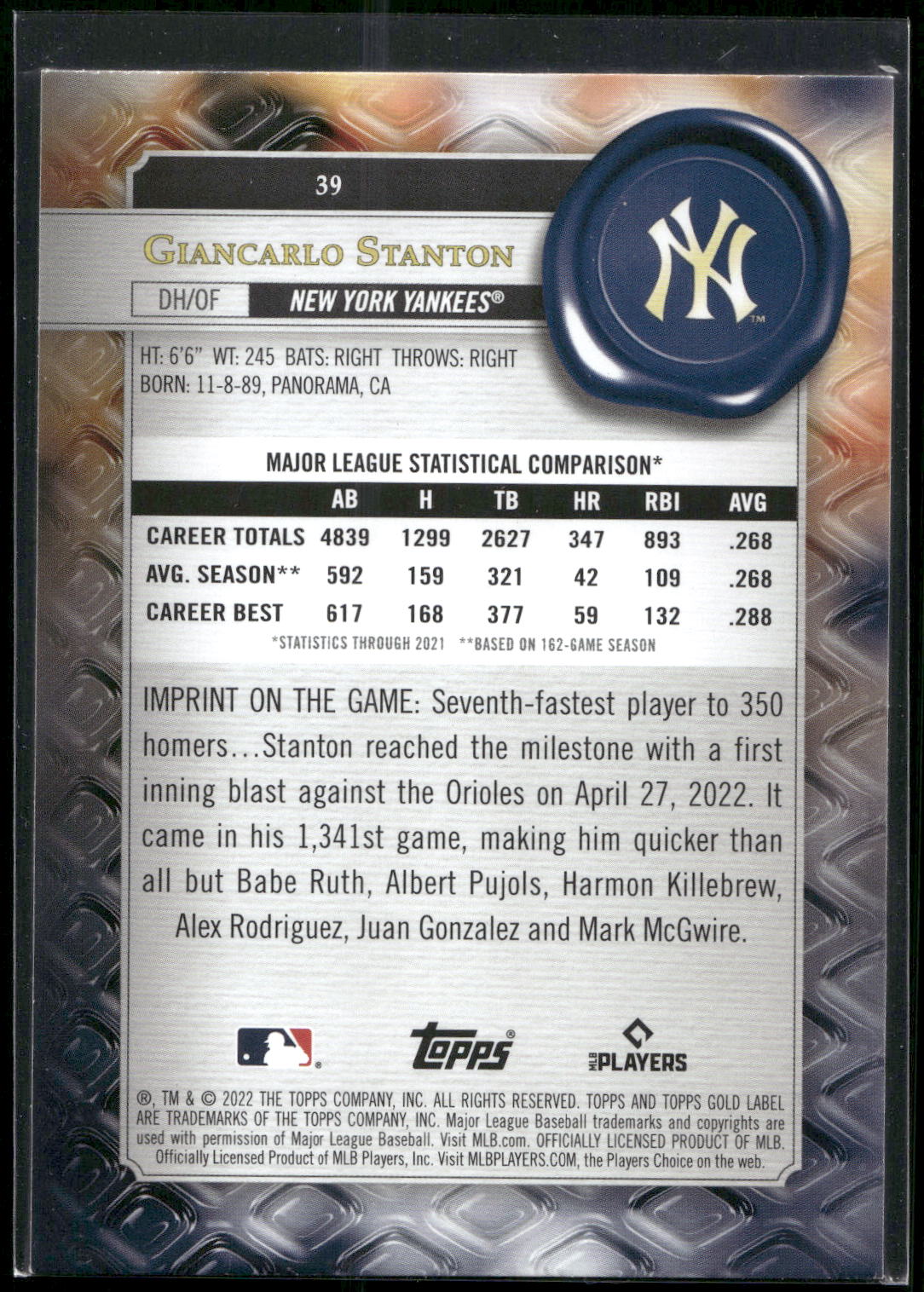 2022 Topps Gold Label #39 Giancarlo Stanton