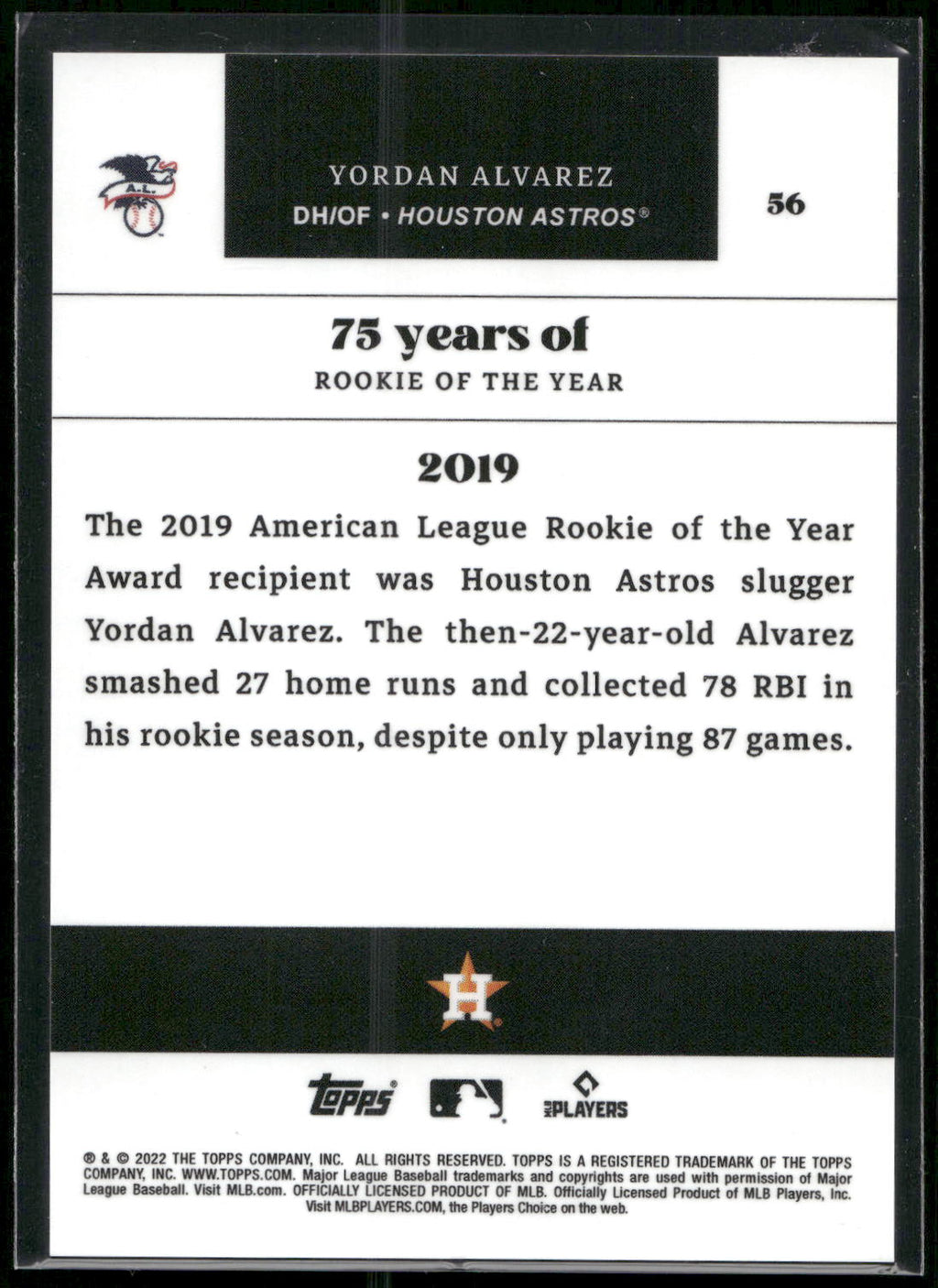 2022 Topps MLB Rookie of the Year 75th Anniversary #56 Yordan Alvarez