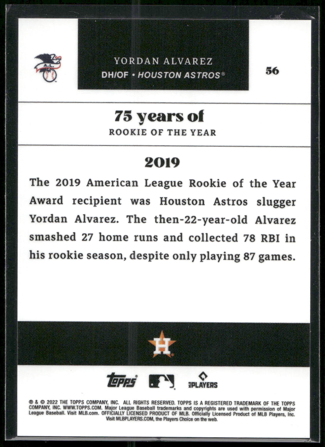 2022 Topps MLB Rookie of the Year 75th Anniversary #56 Yordan Alvarez