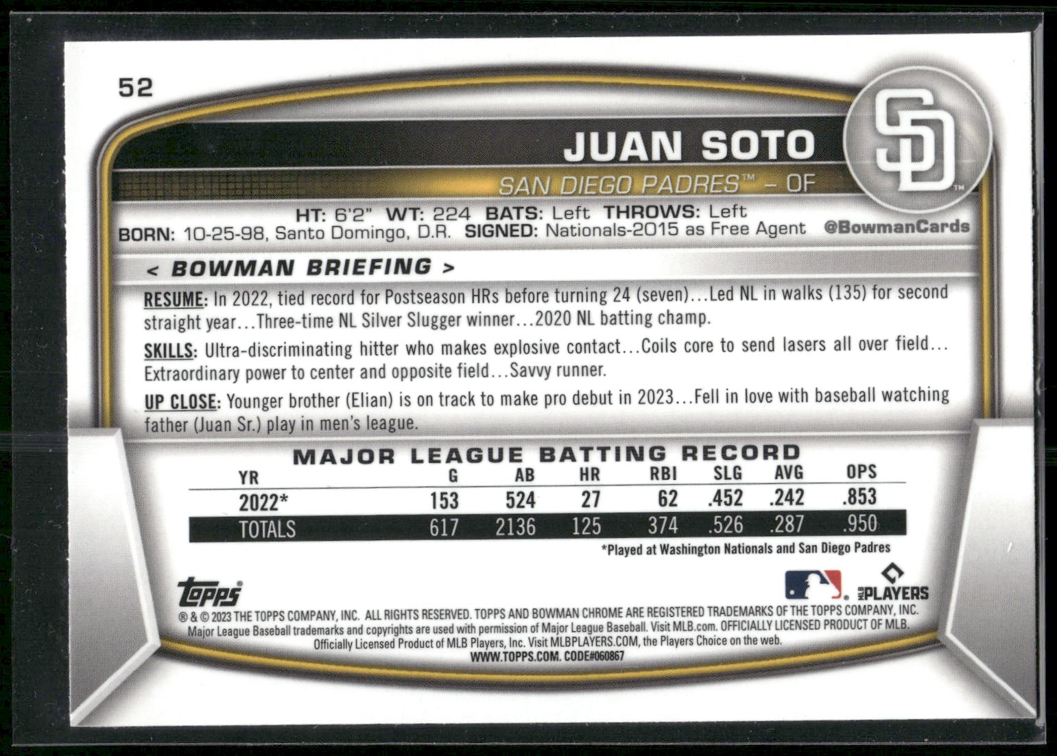 2023 Bowman #52 Juan Soto Mojo Refractors