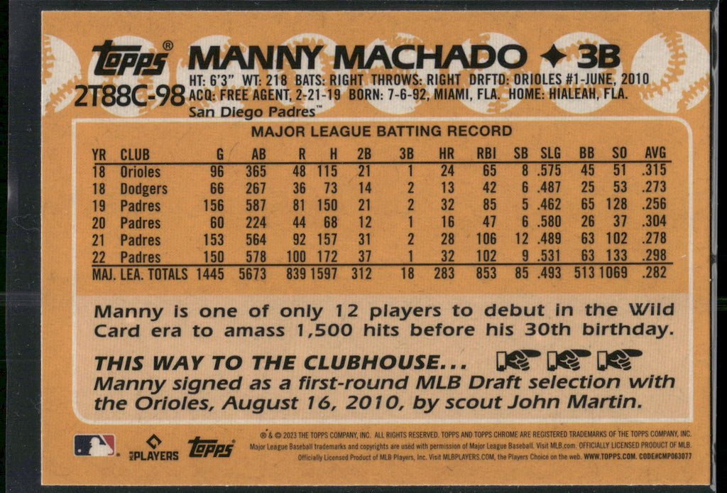2023 Topps #2T88C-98 Manny Machado 1988 Topps Baseball 35th Anni Chrome