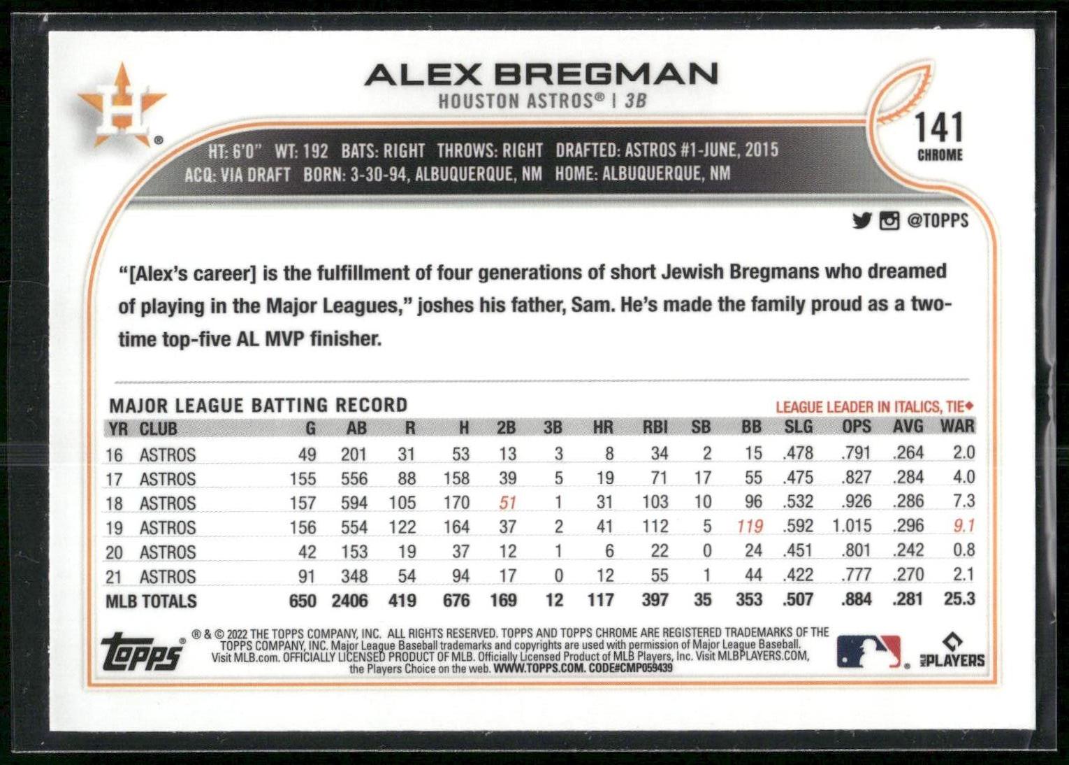 2022 Topps Chrome Sonic #141 Alex Bregman Black & White RayWave