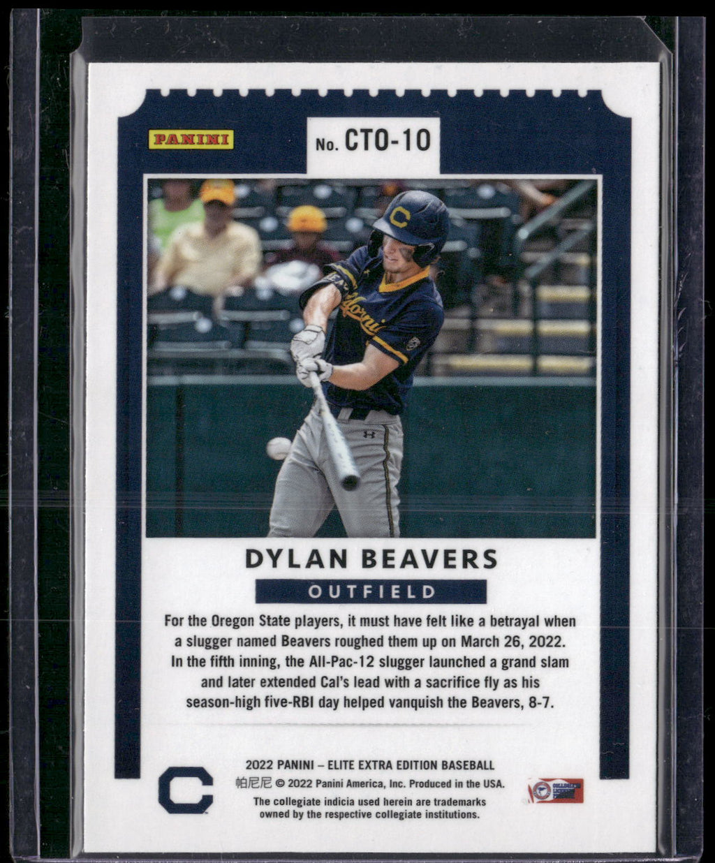 2022 Panini Elite Extra Edition #CTO-10 Dylan Beavers College Tickets Optic