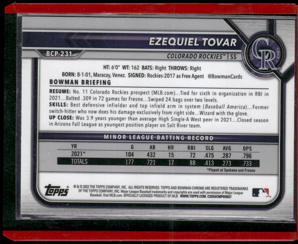 2022 Bowman Chrome #BCP-231 Ezequiel Tovar Prospects Black & White Refractor