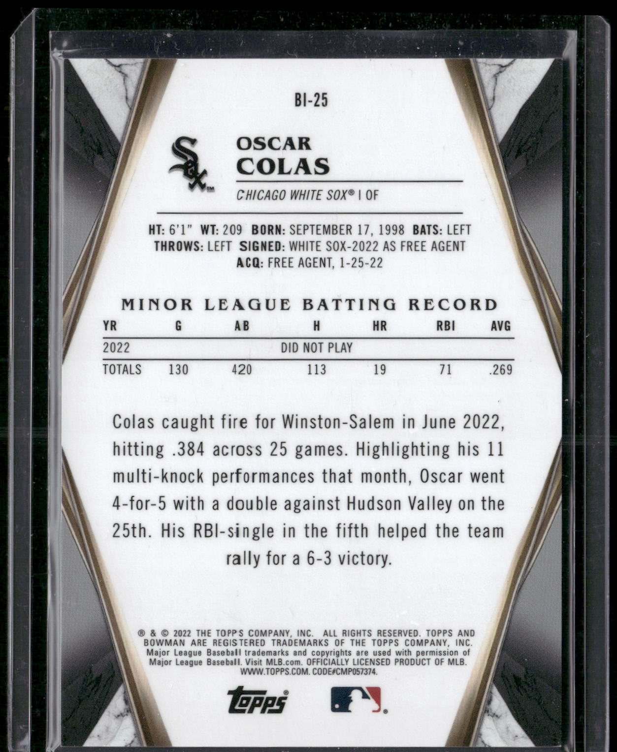 2022 Bowman Draft #BI-25 Oscar Colas Bowman Invicta
