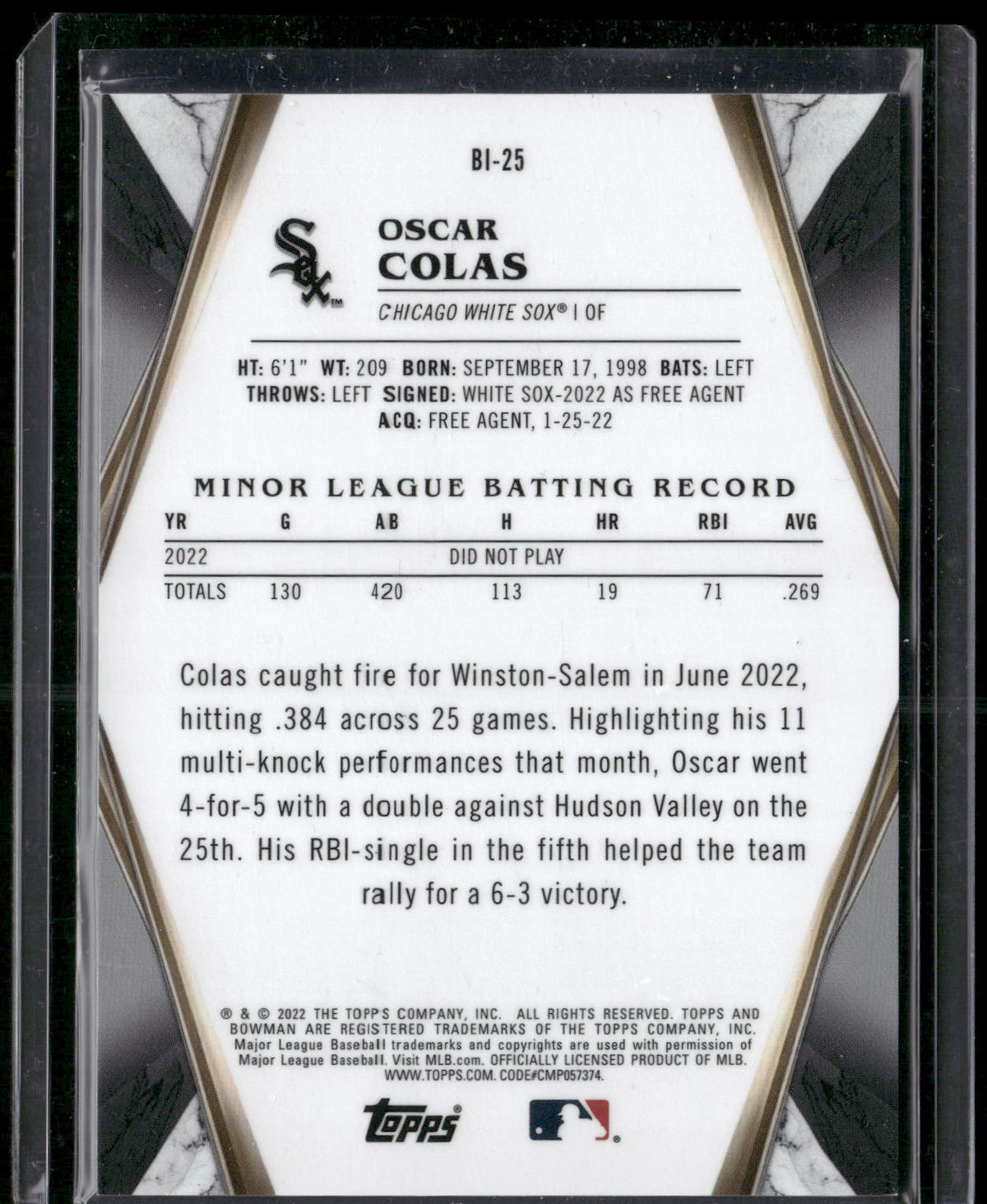 2022 Bowman Draft #BI-25 Oscar Colas Bowman Invicta