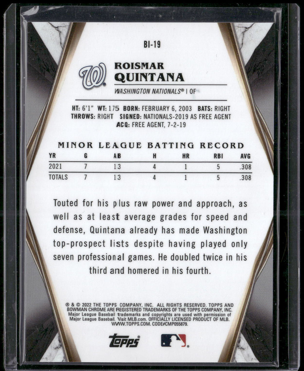 2022 Bowman Chrome #BI-19 Roismar Quintana Bowman Invicta