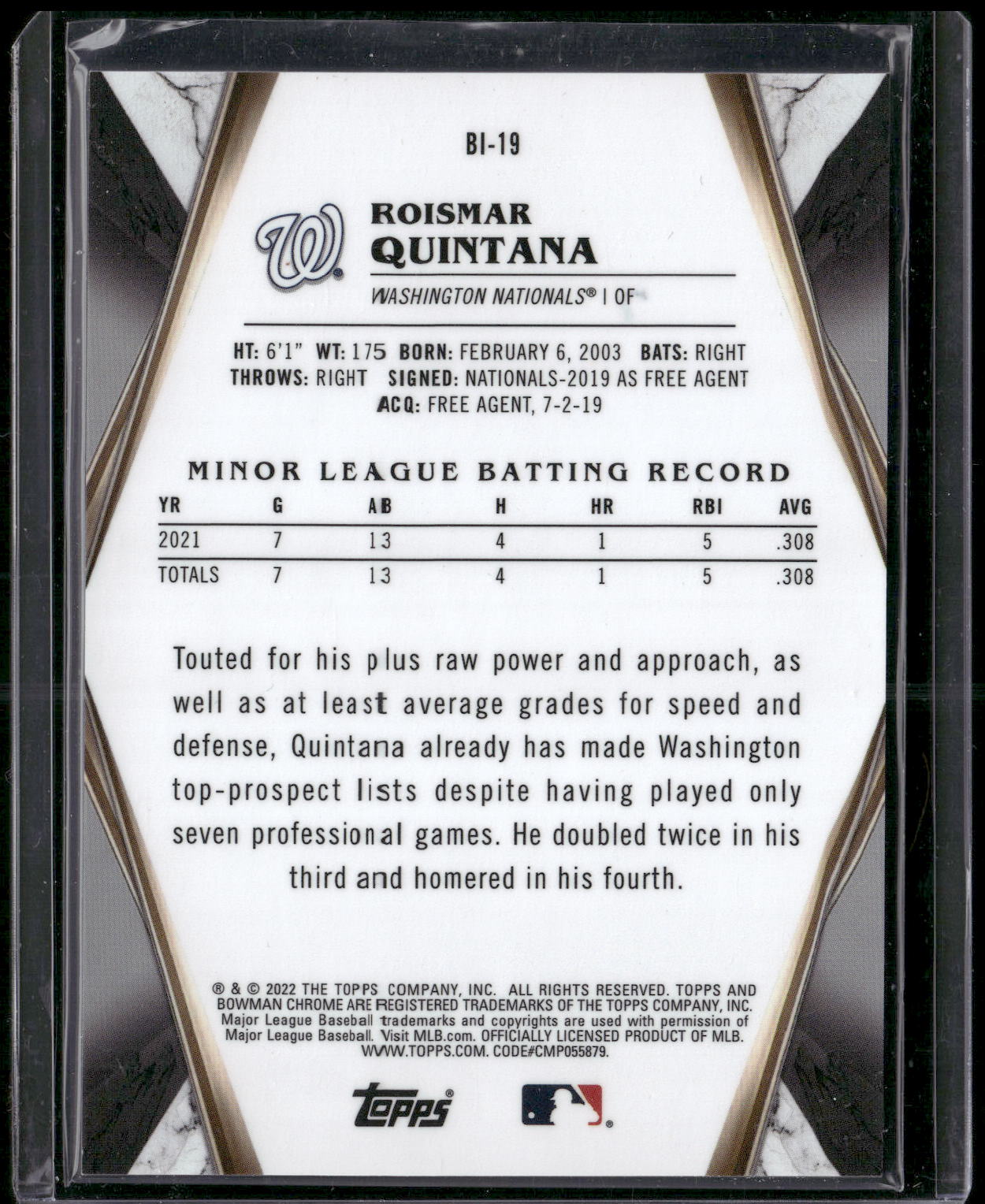 2022 Bowman Chrome #BI-19 Roismar Quintana Bowman Invicta