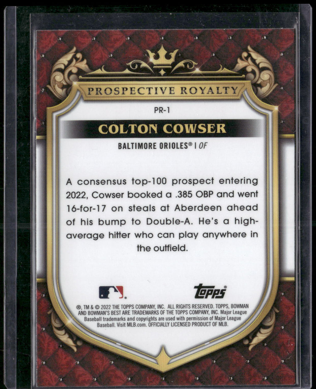 2022 Bowman's Best #PR-1 Colton Cowser Prospective Royalty