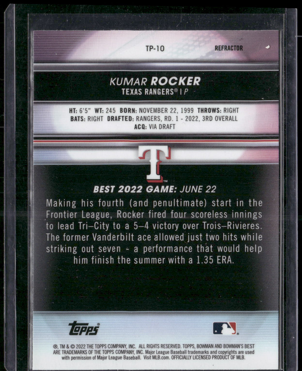 2022 Bowman's Best #TP-10 Kumar Rocker Top Prospects Refractor
