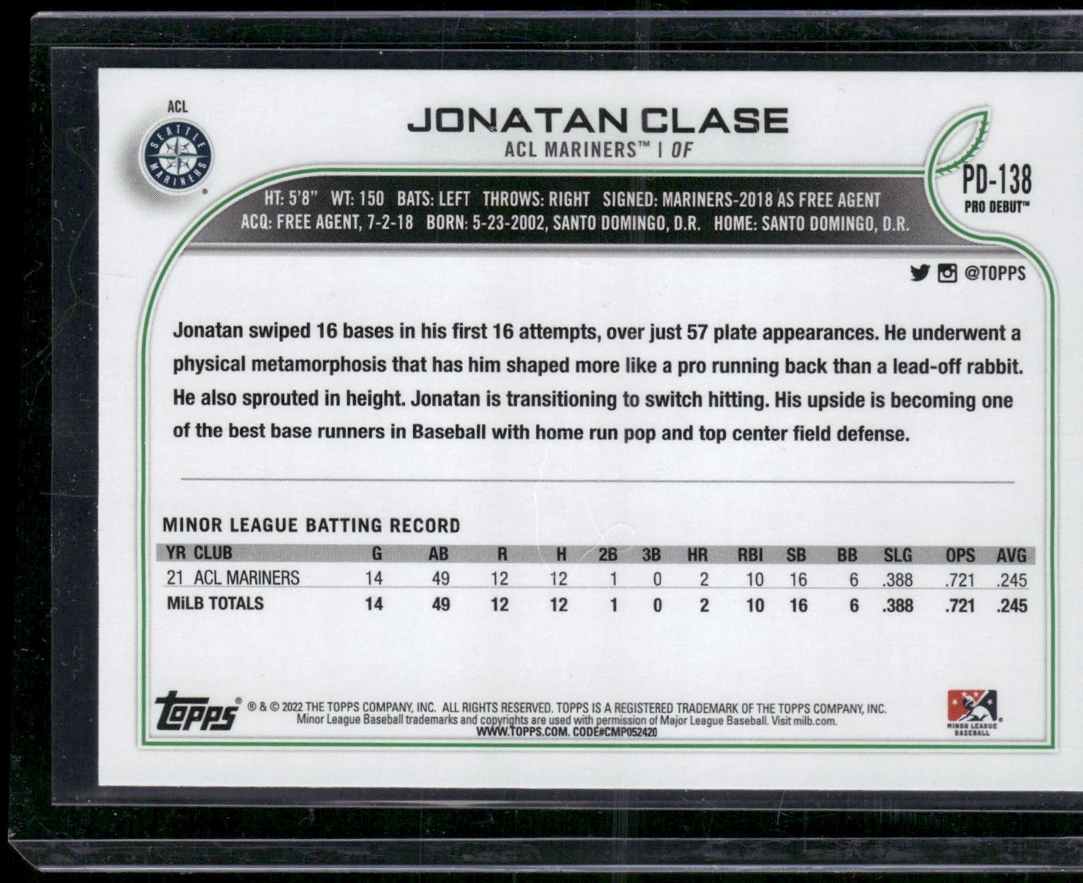 2022 Topps Pro Debut #PD-138 Jonatan Clase