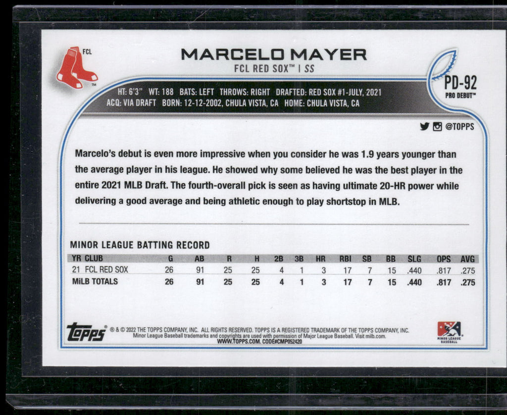 2022 Topps Pro Debut #PD-92 Marcelo Mayer