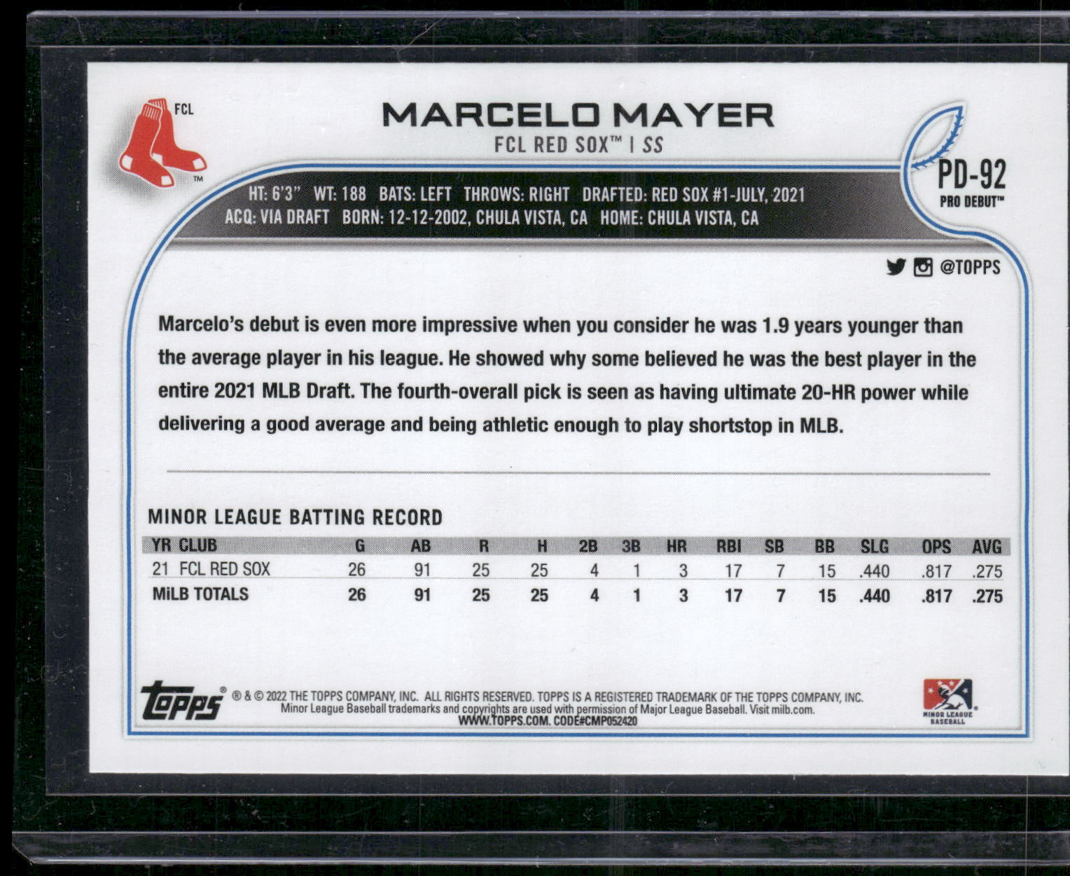 2022 Topps Pro Debut #PD-92 Marcelo Mayer